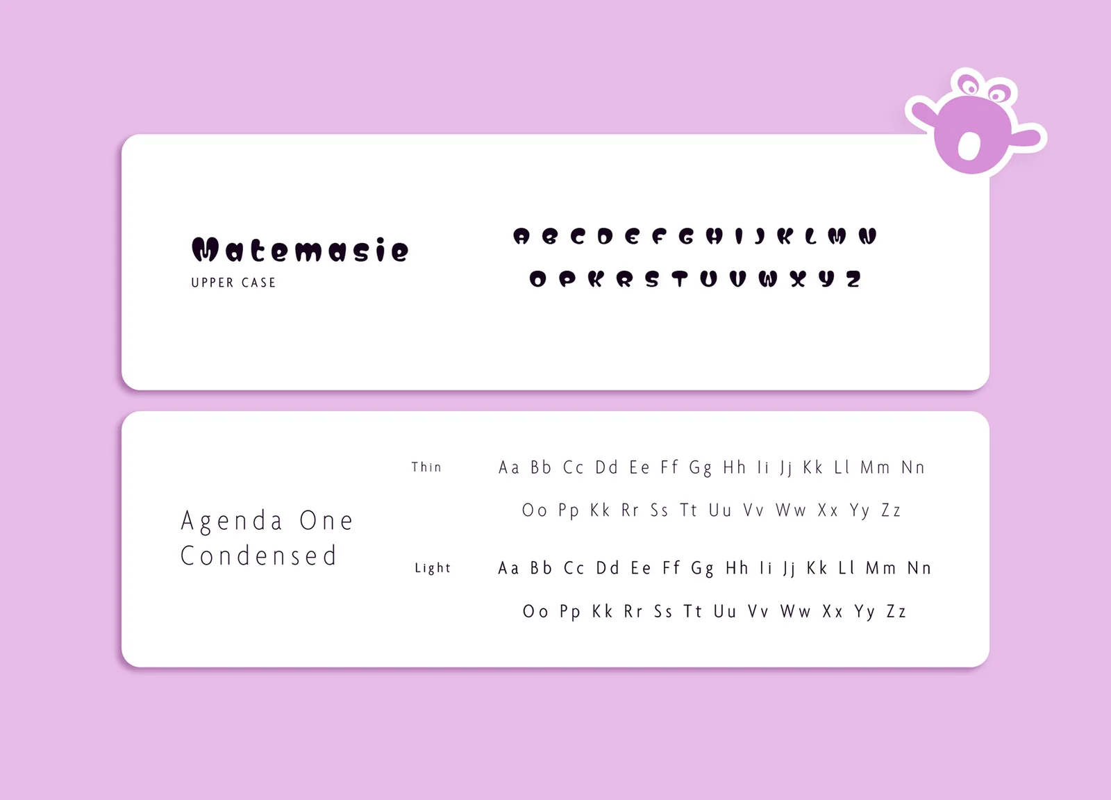 Typefaces: Matemasie for upper case display, Agenda One Condensed in Thin and Light.
