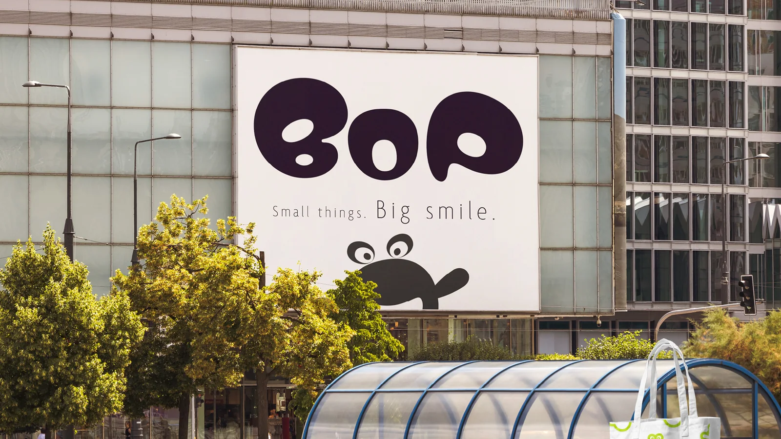 A BOP billboard on a city building.