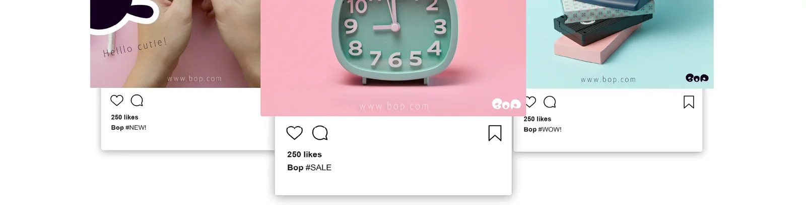 Instagram post captions: #NEW!, #SALE, #WOW!