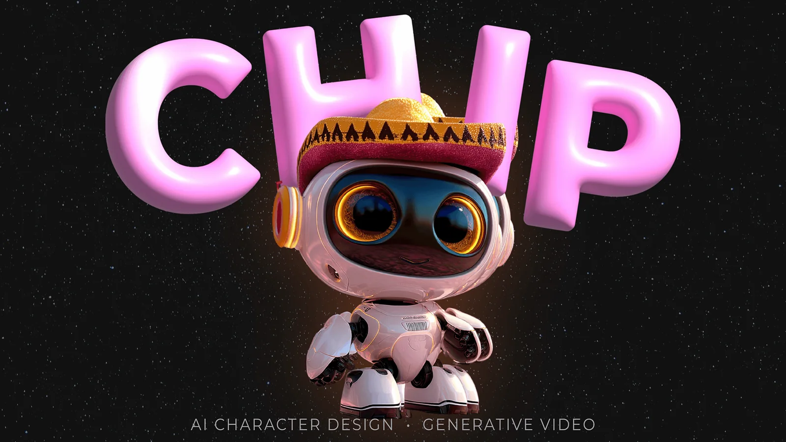 CHIP in pink bubble letters behind a small white robot wearing a sombrero, against a starry sky. AI character design and generative video.