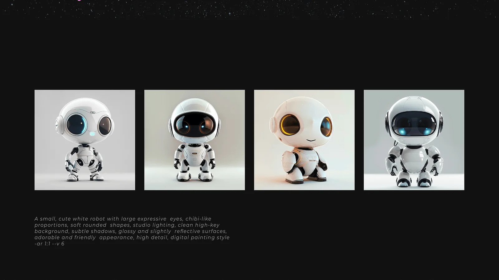 Four first-generation robot variations from Midjourney, with the prompt: a small, cute white robot with large expressive eyes, chibi-like proportions, soft rounded shapes, studio lighting, high detail, --ar 1:1 --v 6.