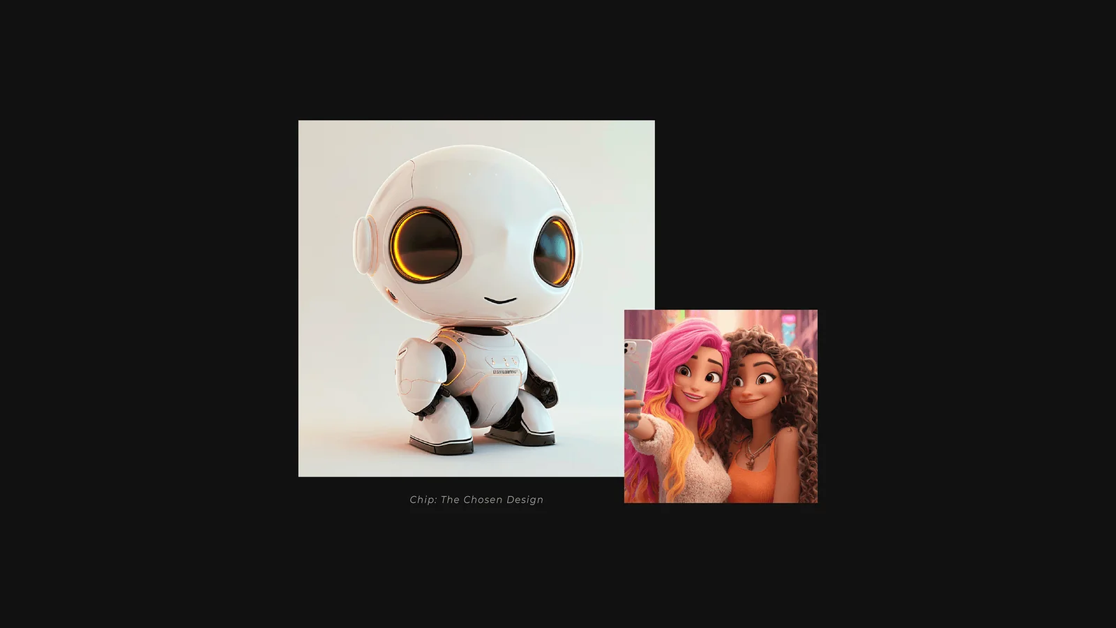 Chip: the chosen design, a white robot with glowing orange eyes, shown next to the 3D animated style reference image.