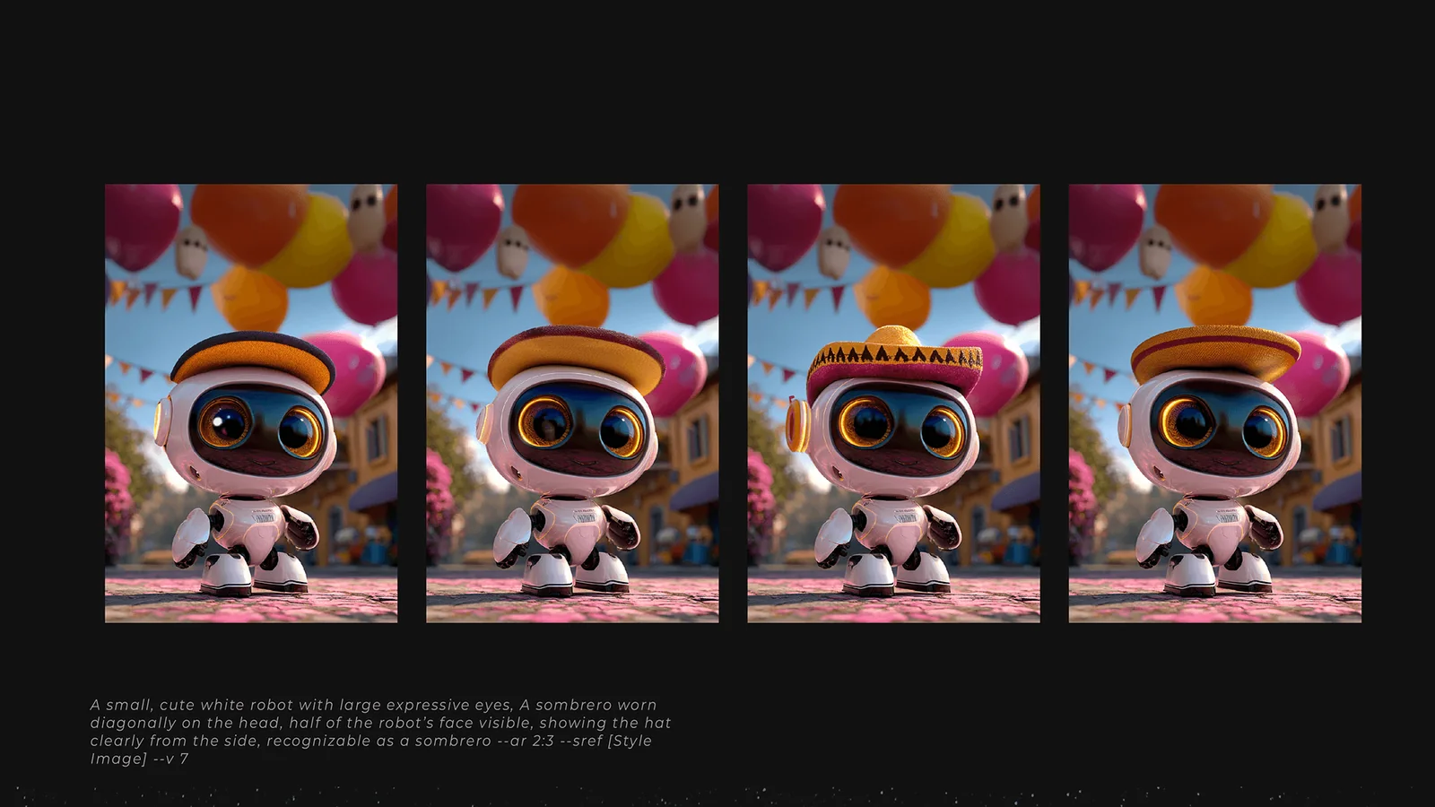 Four festival variations of Chip in different sombreros, with balloons and bunting in the background.