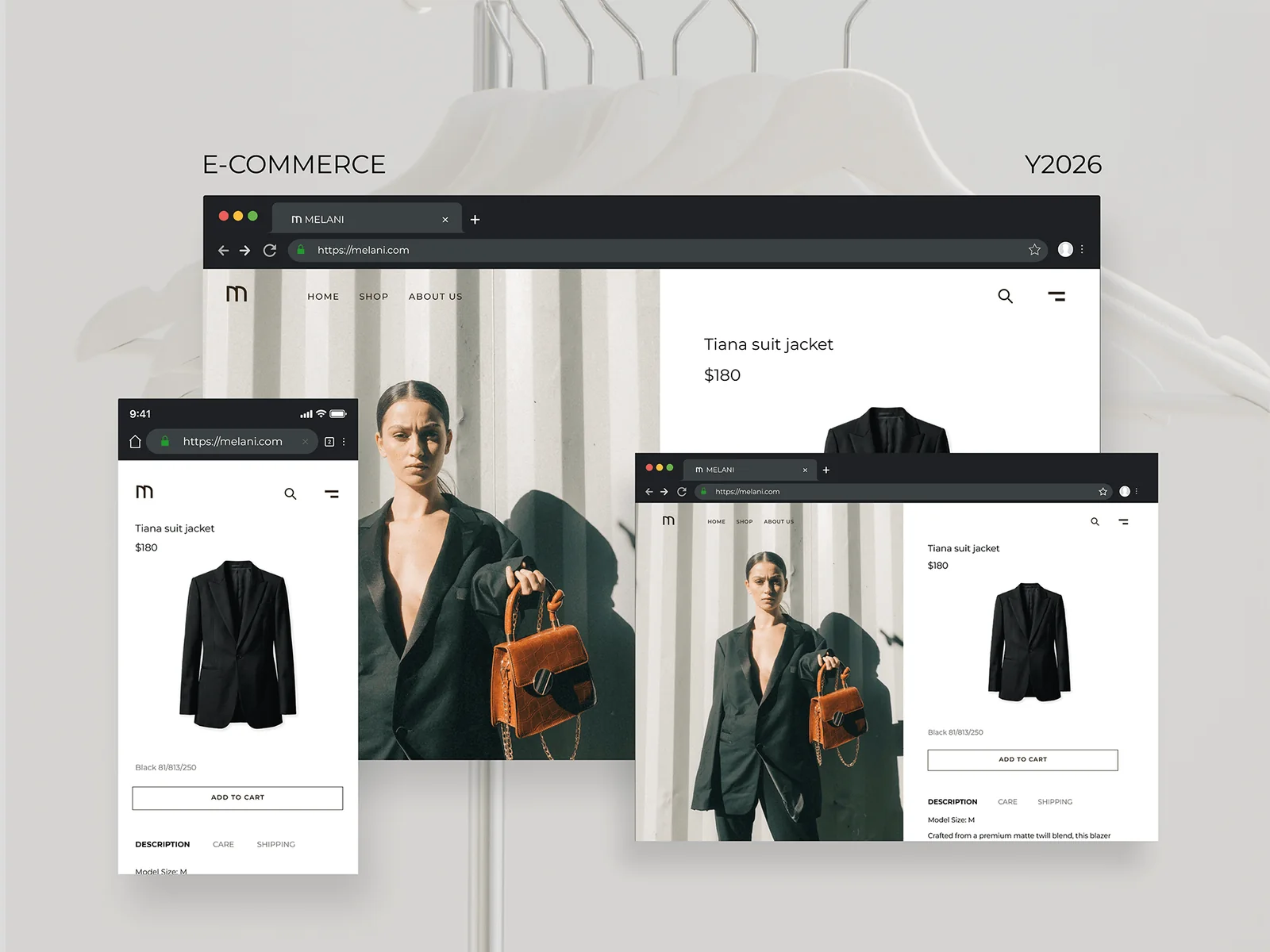 MELANI e-commerce, 2026. The Tiana suit jacket product page shown on desktop, a smaller browser window and mobile.