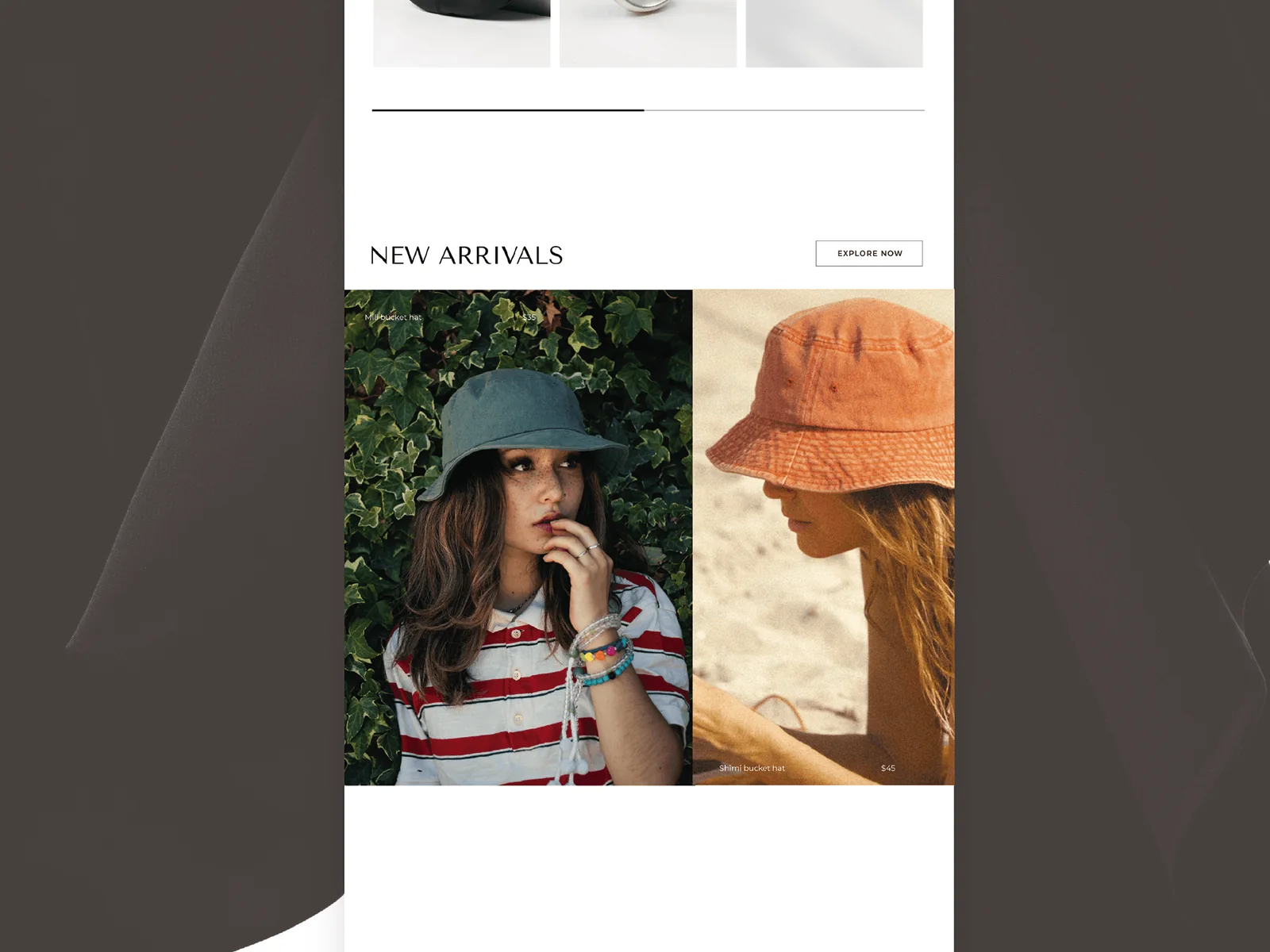 New Arrivals section with two large editorial photos of the Mili and Shimi bucket hats.