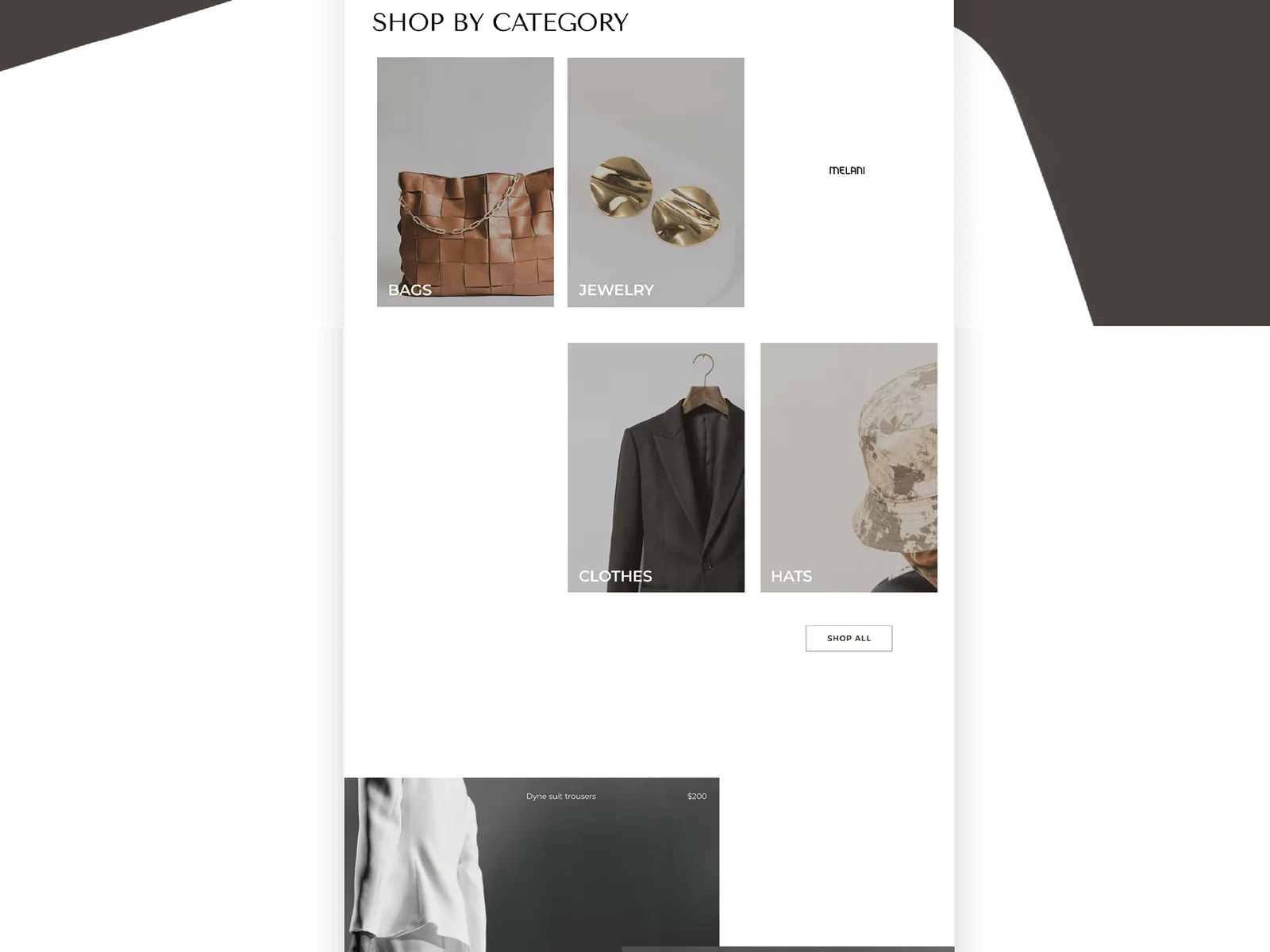 Shop by Category: bags, jewelry, clothes and hats in an offset grid, followed by the suits section.