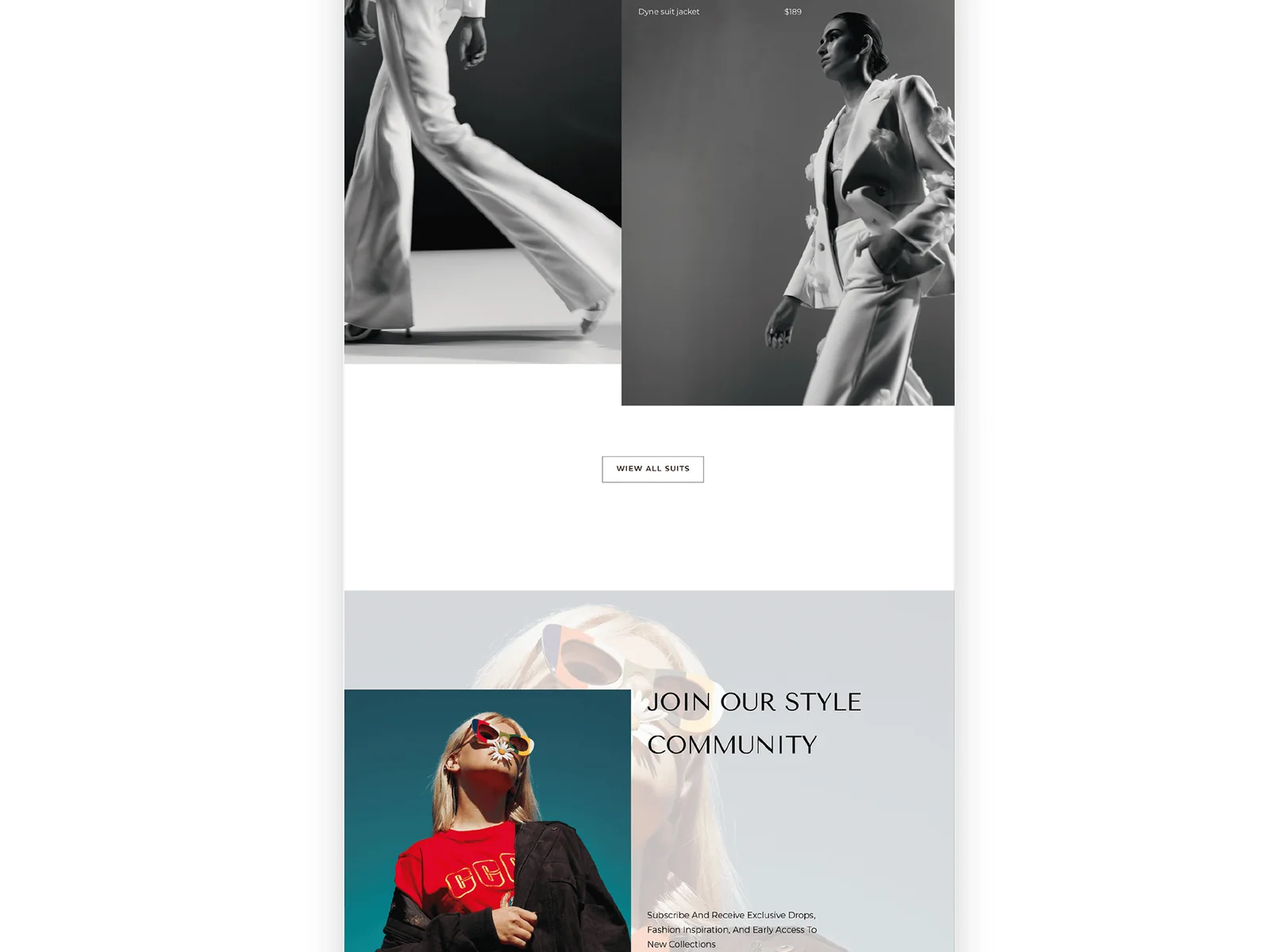Suits section with the Dyne suit trousers and jacket, then the Join Our Style Community newsletter block.