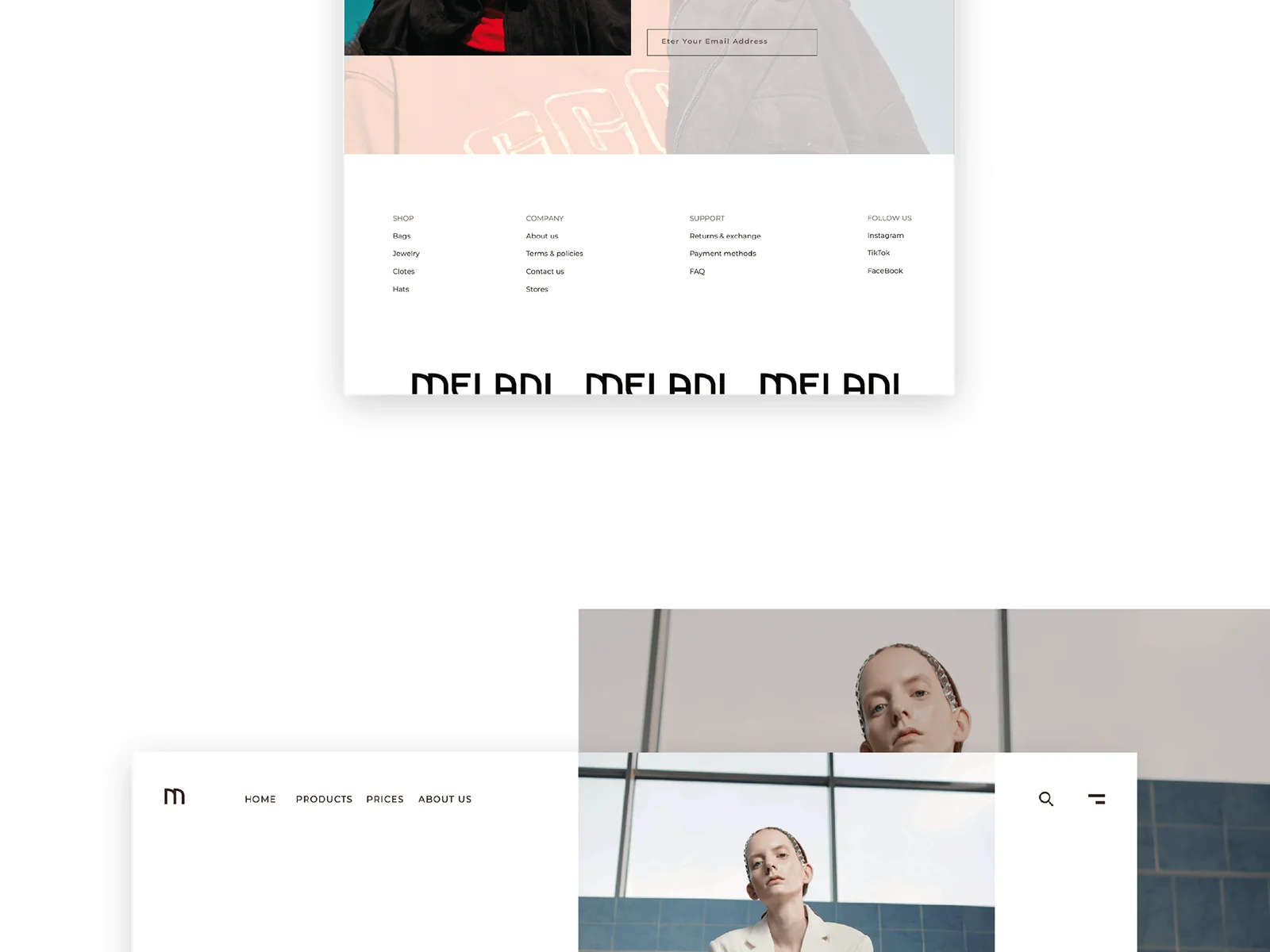 The footer with shop, company, support and social links and a repeating MELANI wordmark, then the start of the New Collection landing page.
