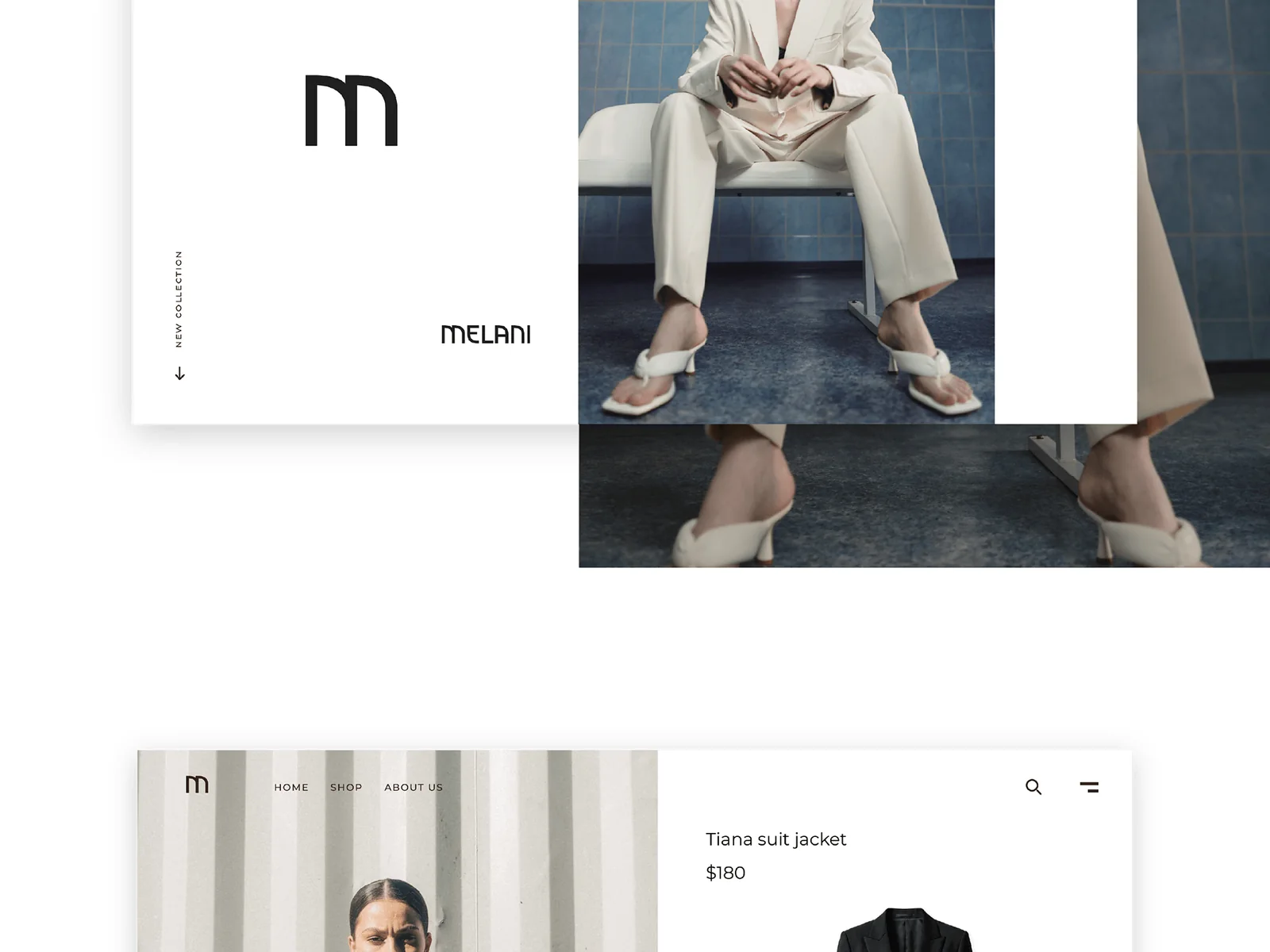 New Collection landing page with the MELANI logo beside a campaign photo, and the start of the product page.