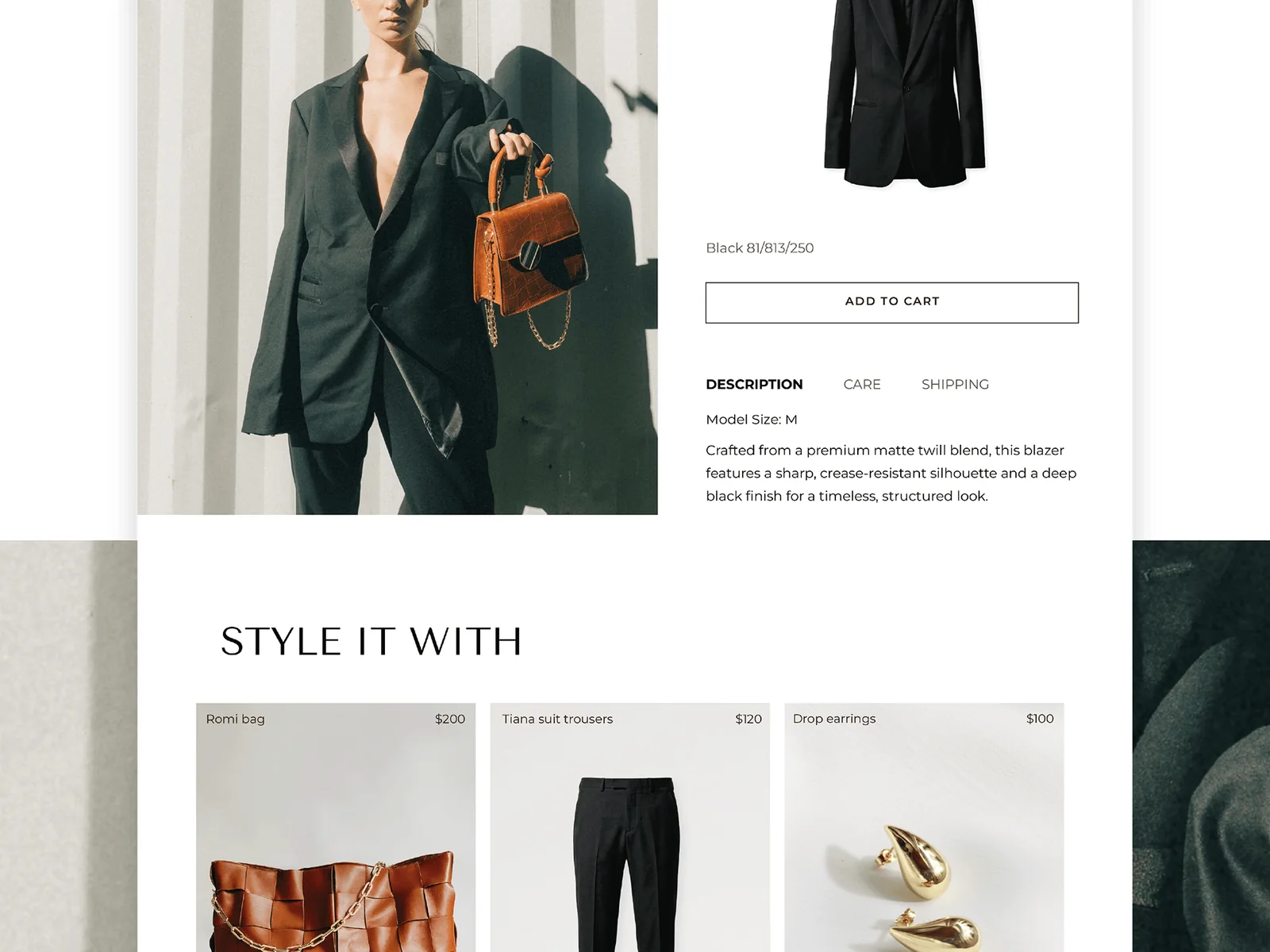Product page for the Tiana suit jacket, $180: an editorial photo, add to cart, description, care and shipping tabs, and a Style It With row.