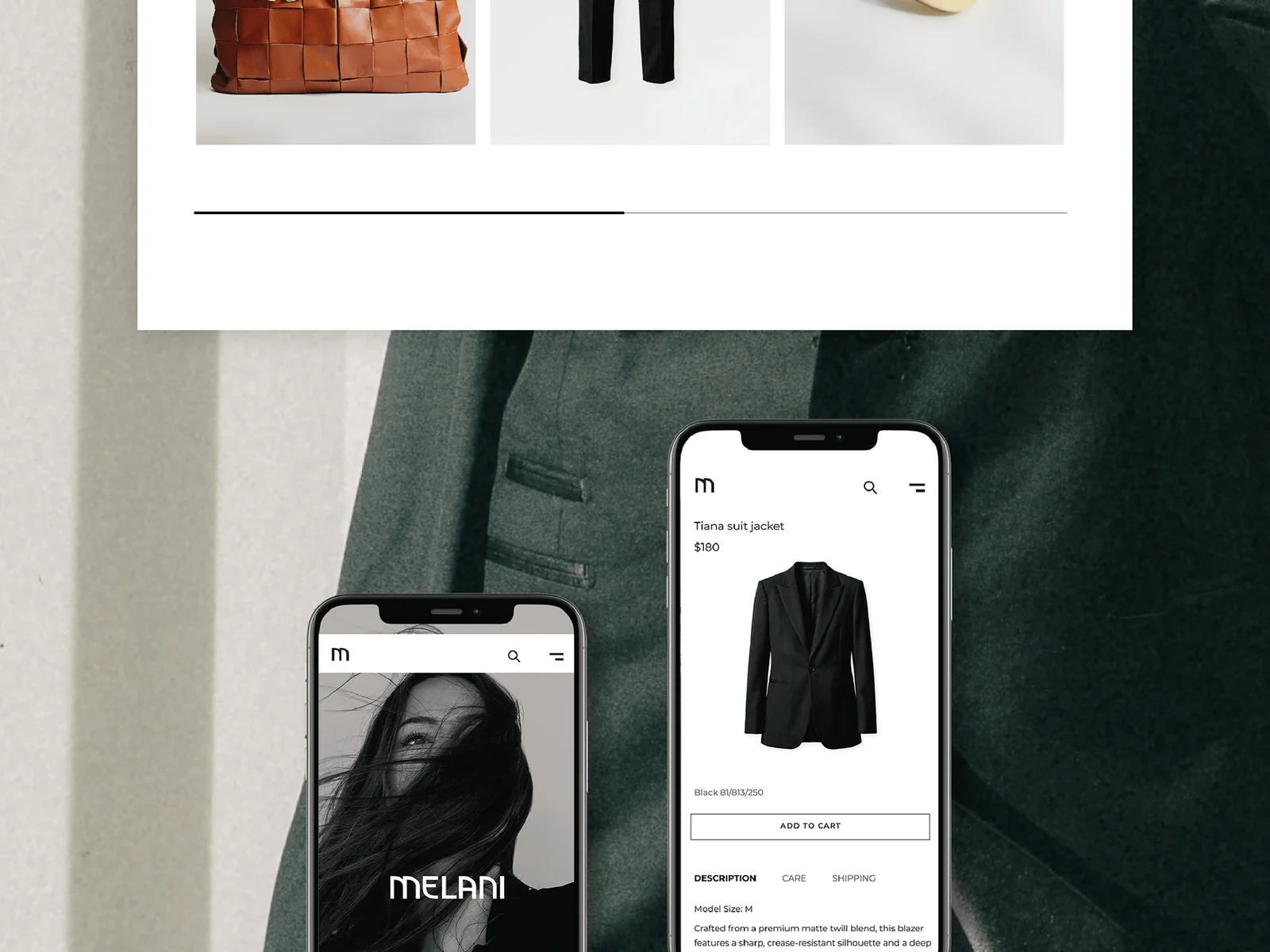 Mobile versions of the homepage and the Tiana suit jacket product page.
