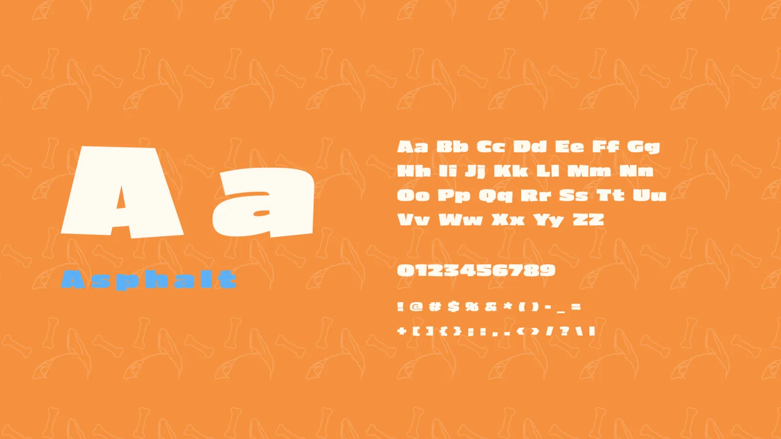 Typography: Asphalt, a wide heavy display typeface, with the full character set.