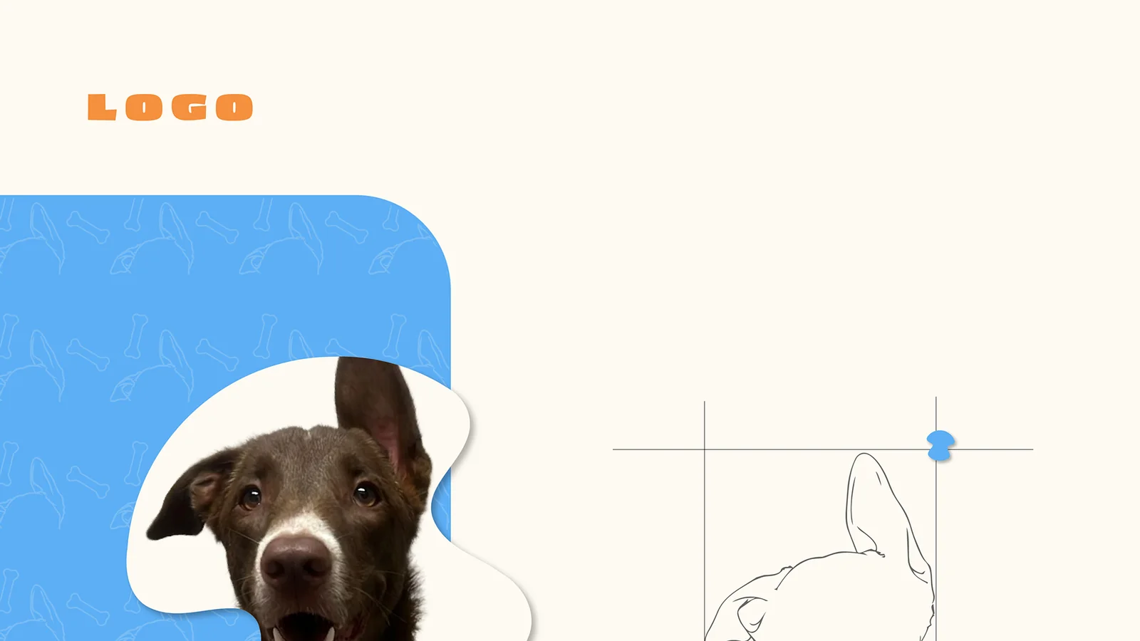 Logo: the dog photo that inspired the mark next to its construction grid.
