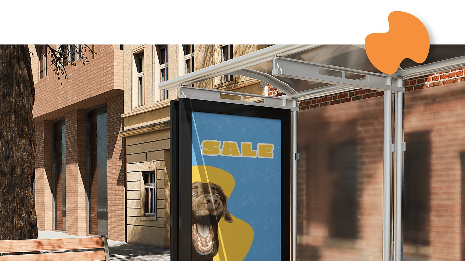A bus stop poster: SALE with a laughing dog.