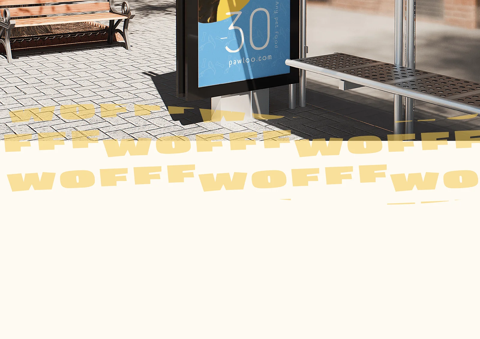 A bus stop poster: -30% on any pet food at pawloo.com, with WOFF lettering.