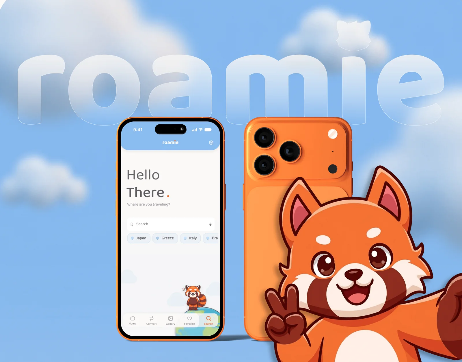roamie app home screen with the red panda mascot against a sky of clouds