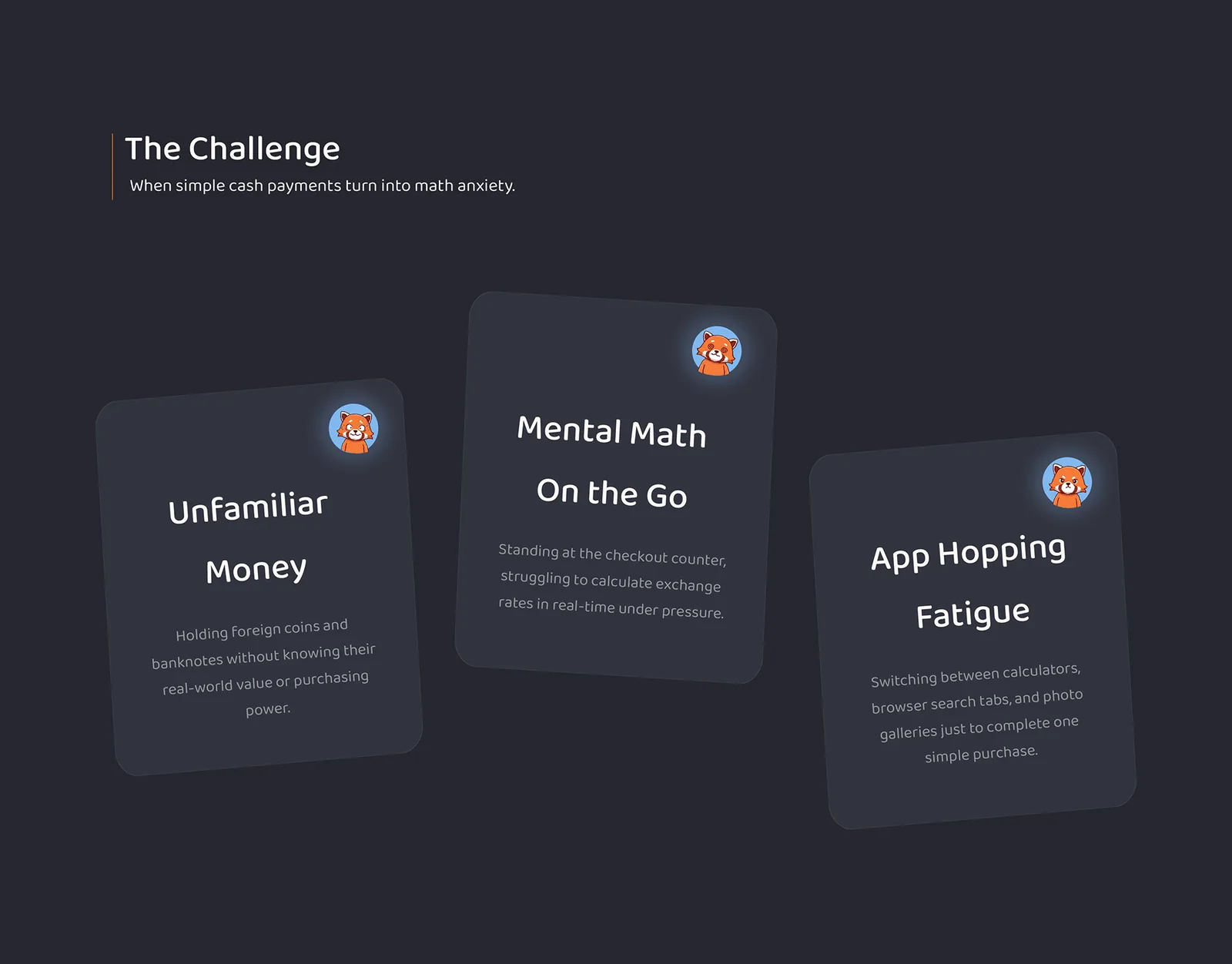 The Challenge: when simple cash payments turn into math anxiety. Three pain points: Unfamiliar Money, holding foreign coins and banknotes without knowing their value; Mental Math On the Go, calculating exchange rates at the checkout under pressure; App Hopping Fatigue, switching between calculators, browser tabs and photo galleries for one purchase.