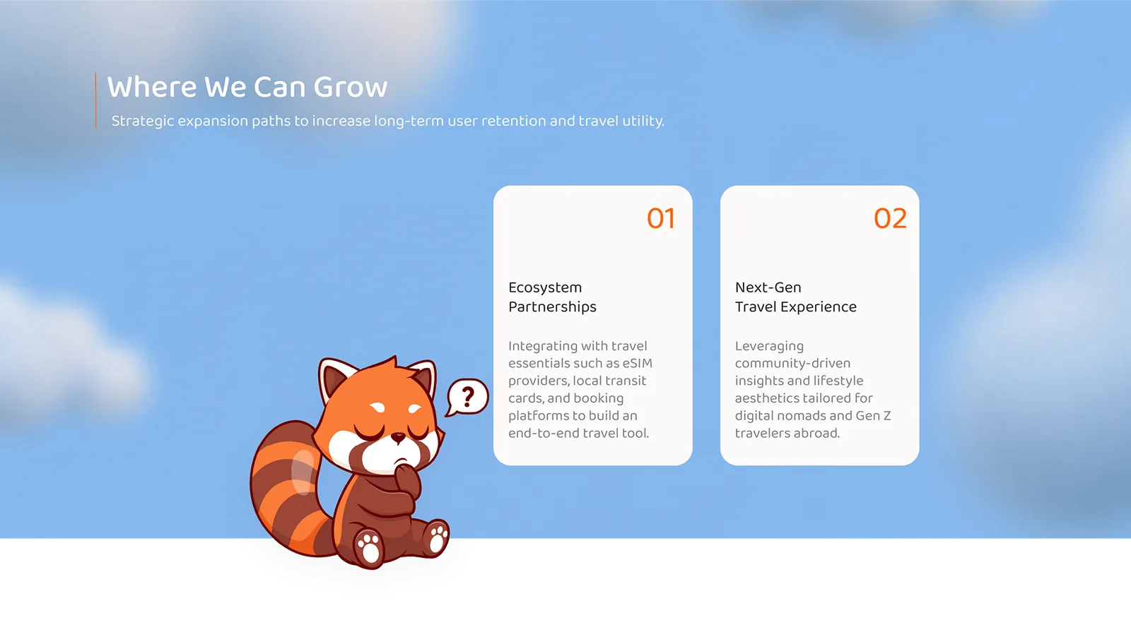 Where we can grow: 01 Ecosystem Partnerships with eSIM providers, local transit cards and booking platforms; 02 Next-Gen Travel Experience built on community insights for digital nomads and Gen Z travelers.