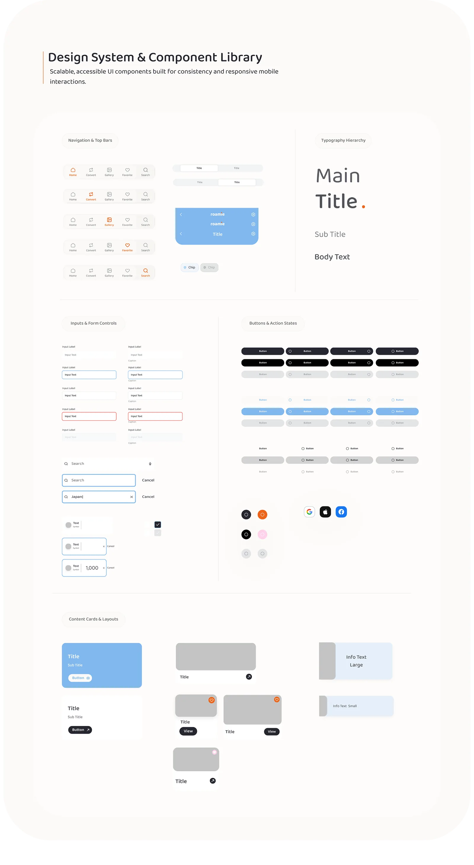 Design system and component library: navigation and top bars, typography hierarchy, inputs and form controls, buttons and action states, and content cards.